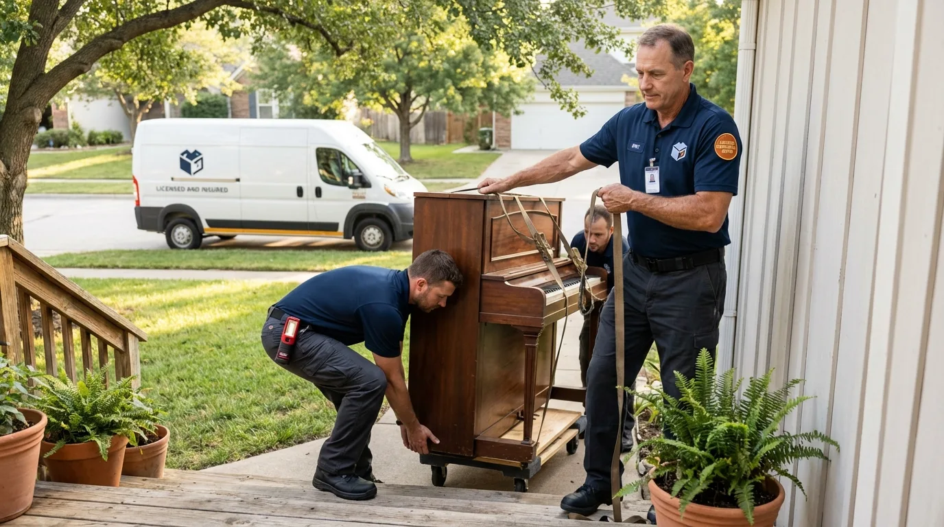 Licensed piano movers securing grand piano in Lake Placid, NY