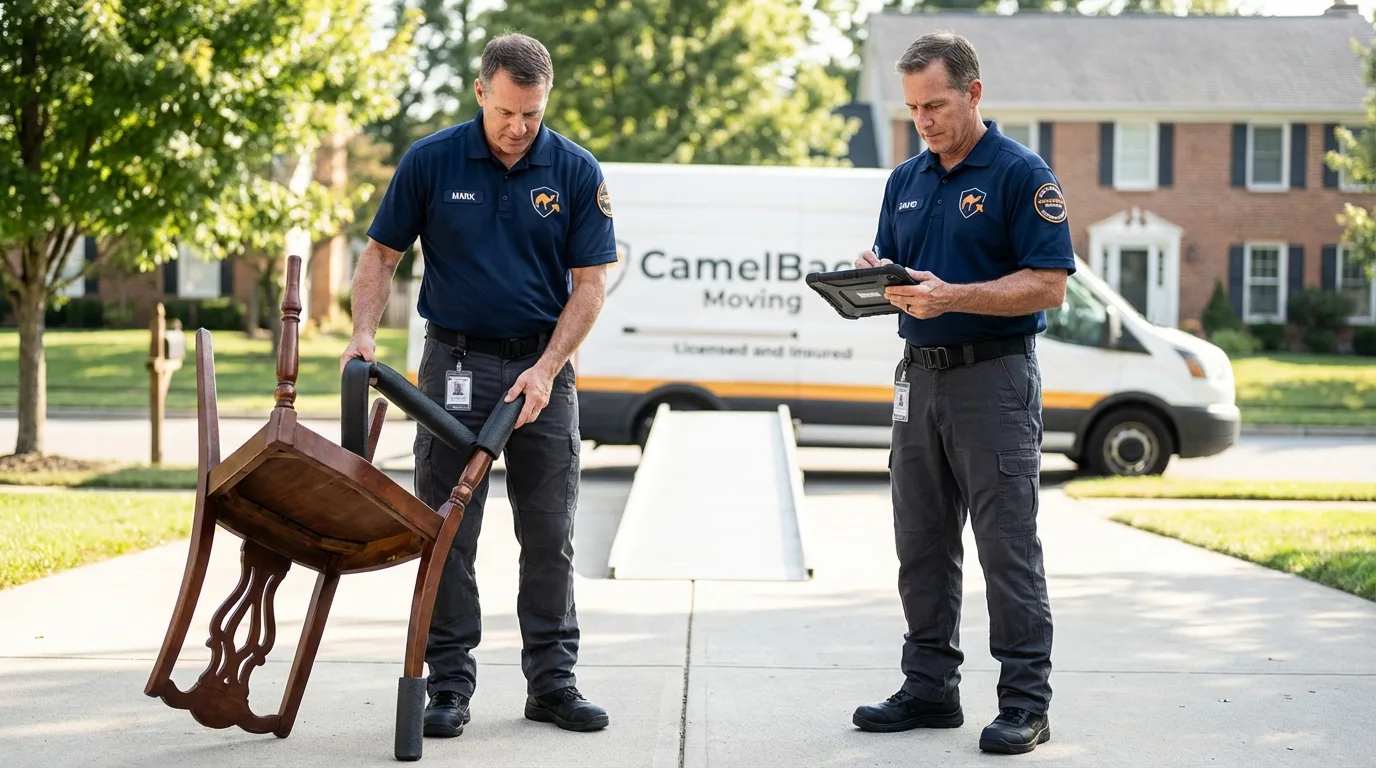 Movers inspecting furniture for damage prevention before loading in Lake Placid, NY