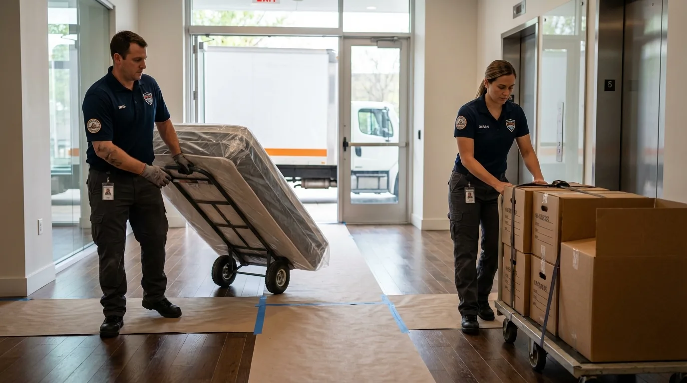 Professional apartment movers loading elevator in Lake Placid, NY