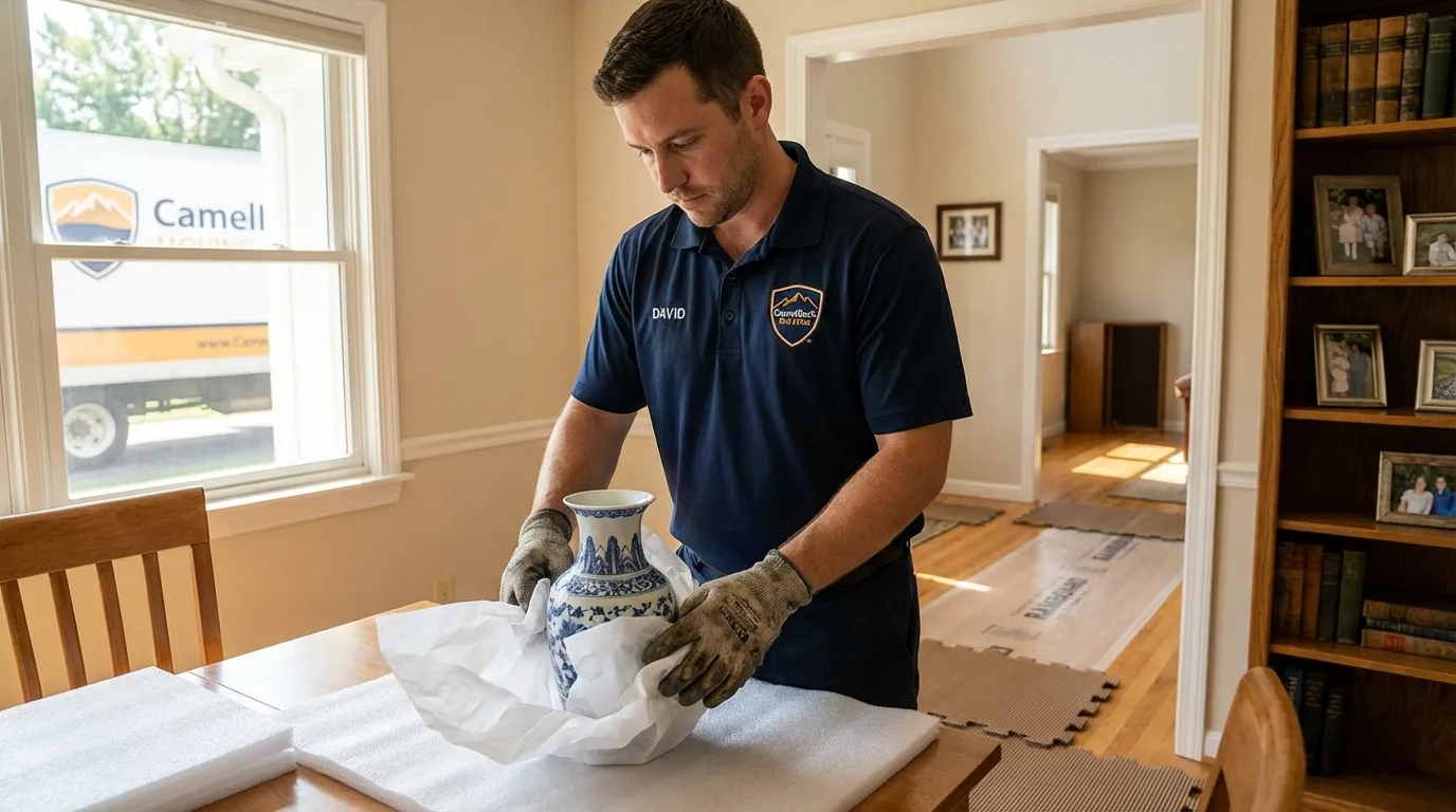 Professional crew carefully wrapping antique vase for senior downsizing move in Lake Placid, NY