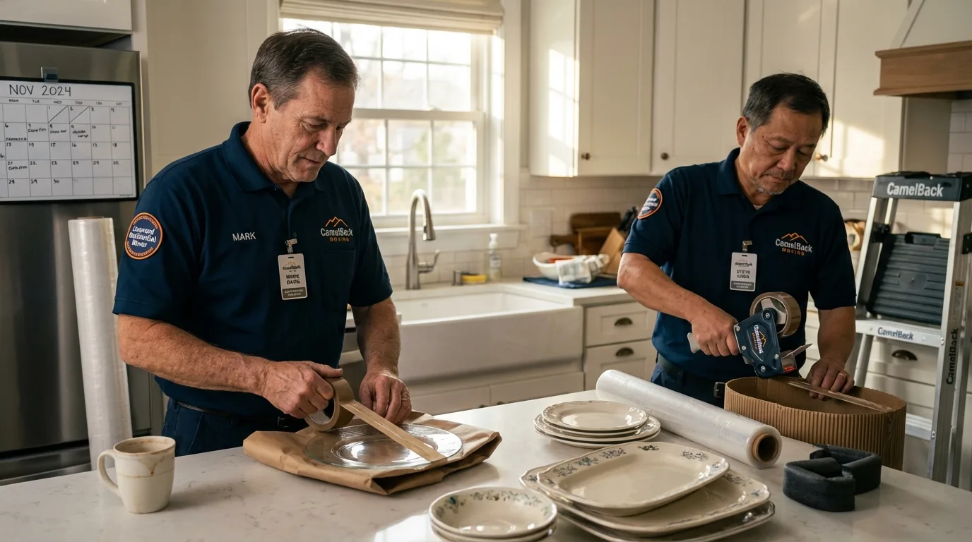 Professional crew packing kitchen dishware in Lake Placid, NY
